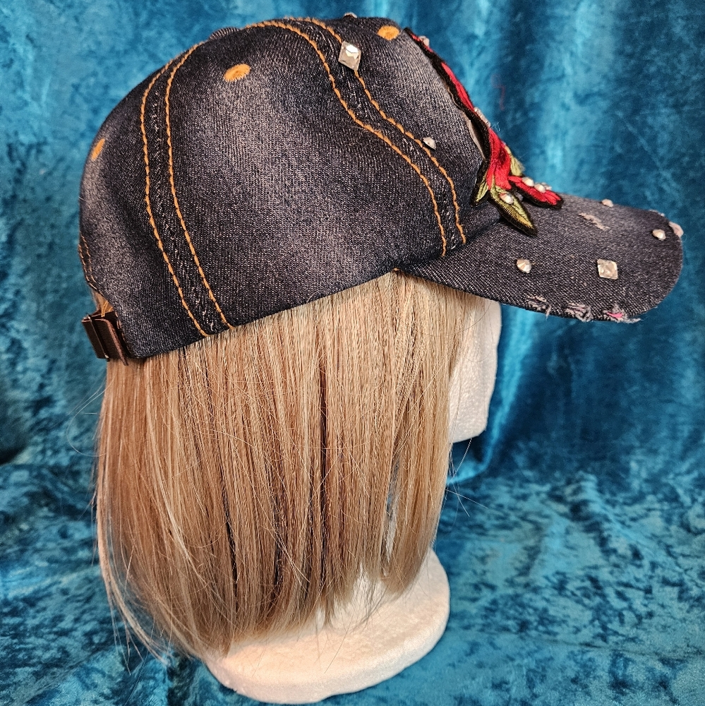 Distressed Adjustable Denim Cap Roses Rhinestone 100% Cotton - Picture 5 of 9